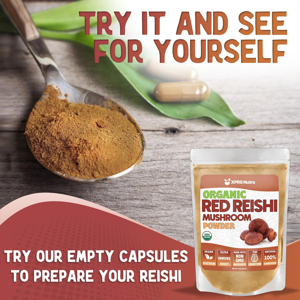 Reishi powder being added to a smoothie or shake