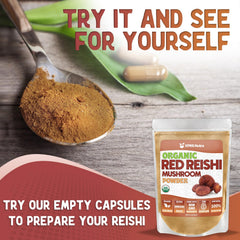 Reishi powder being added to a smoothie or shake