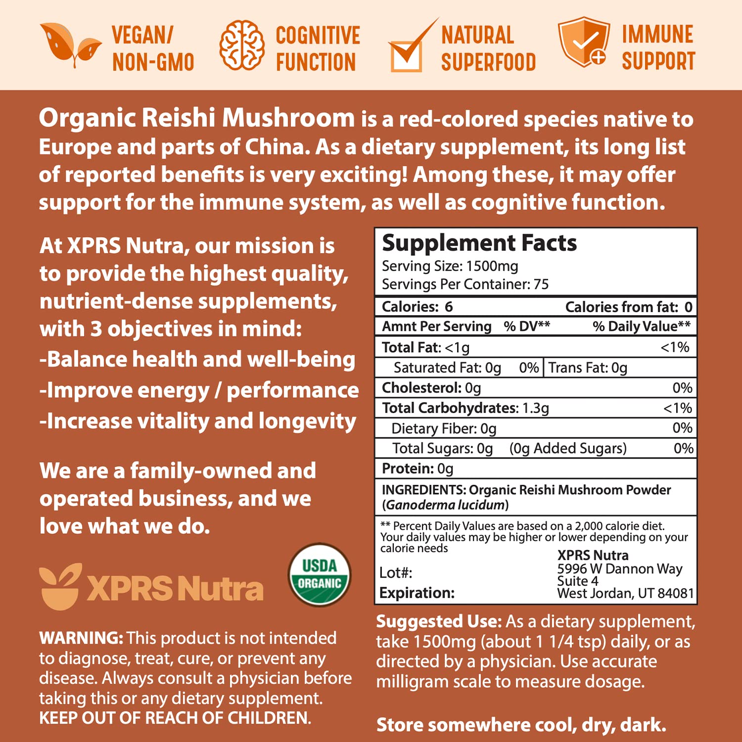 Ingredients and nutritional information label of Reishi powder