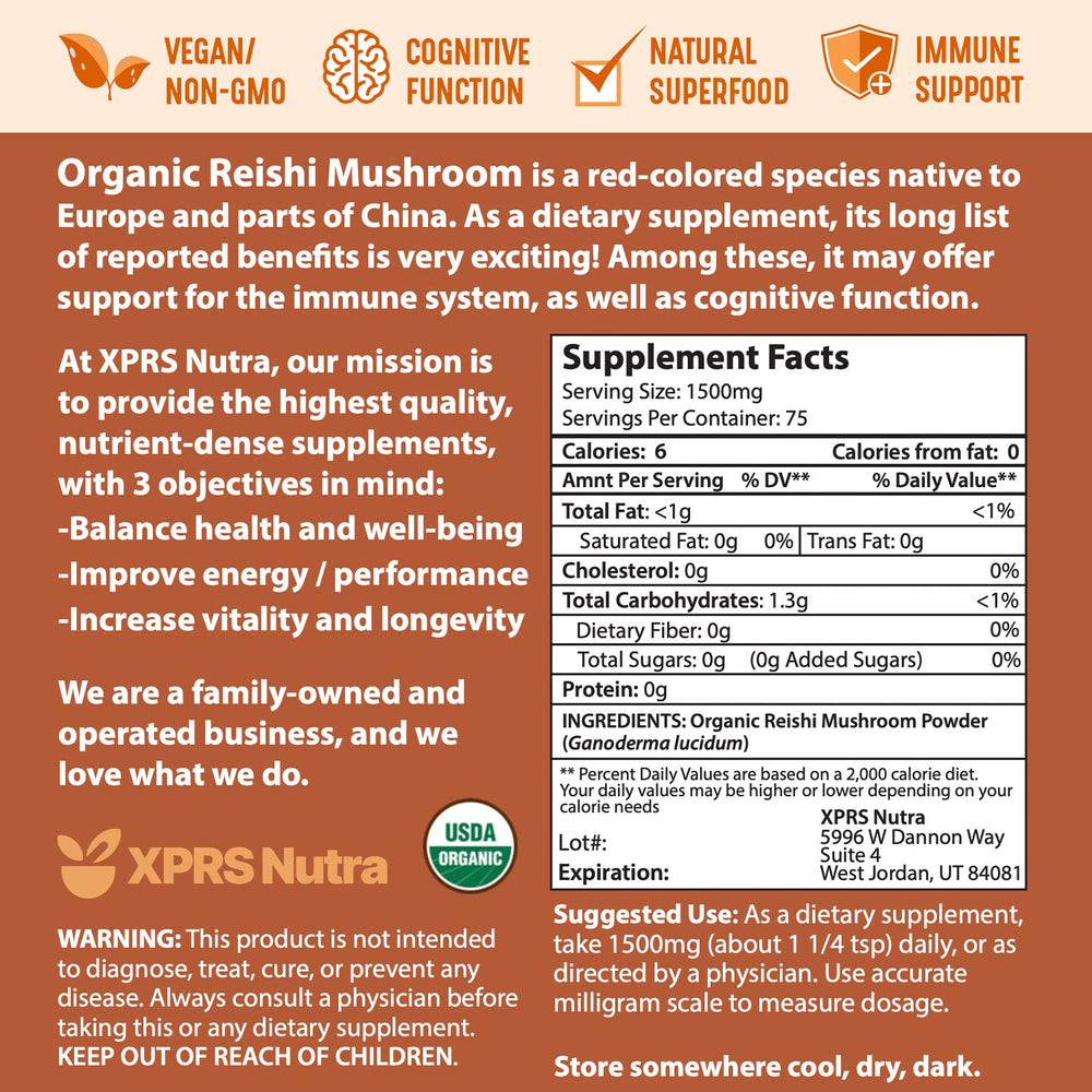Ingredients and nutritional information label of Reishi powder