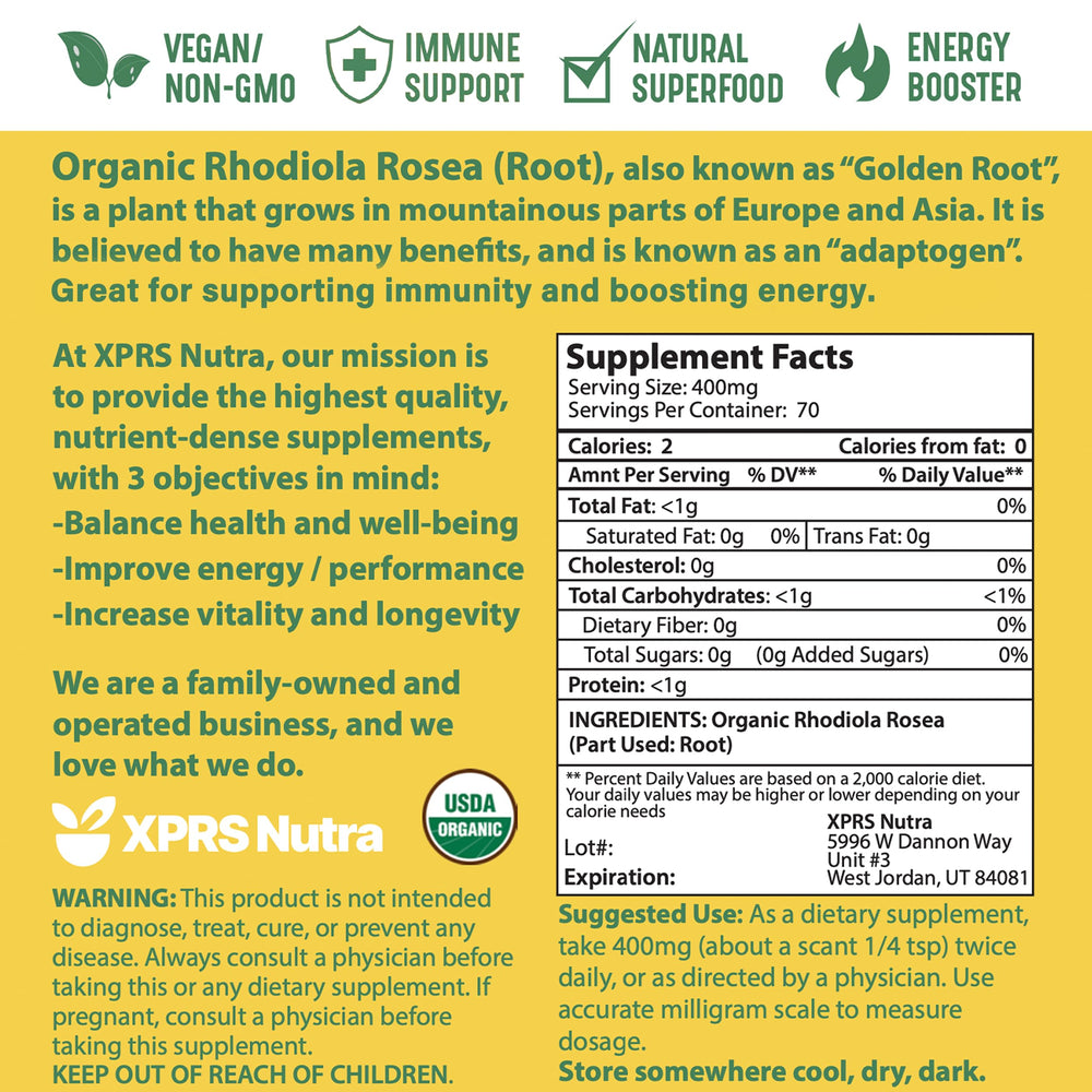 1 oz XPRS Nutra Rhodiola Rosea packaging and vegan-friendly label