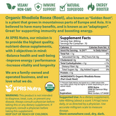 1 oz XPRS Nutra Rhodiola Rosea packaging and vegan-friendly label