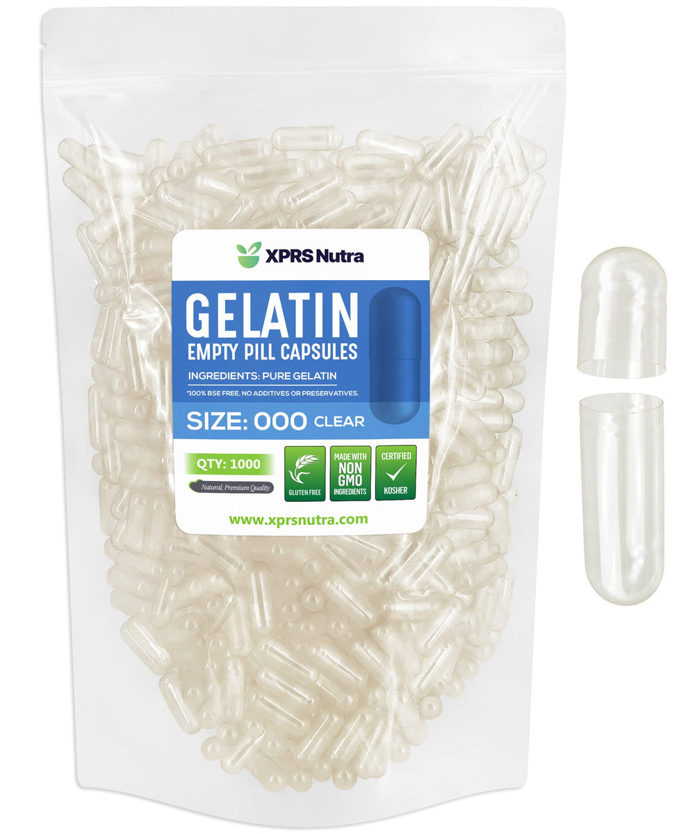 XPRS Nutra Size 000 empty gelatin capsules – 1000-count, large clear shells.