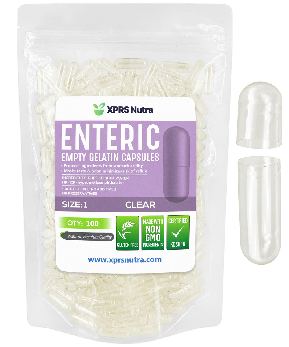 Clear enteric coated size 1 empty gelatin capsules, 100 count