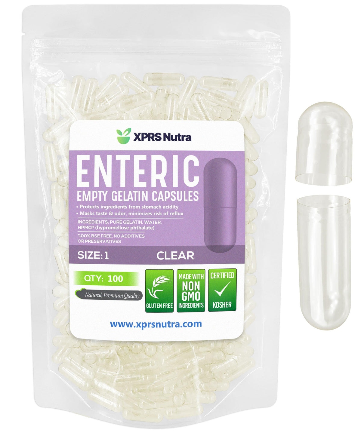 Clear enteric coated size 1 empty gelatin capsules, 100 count