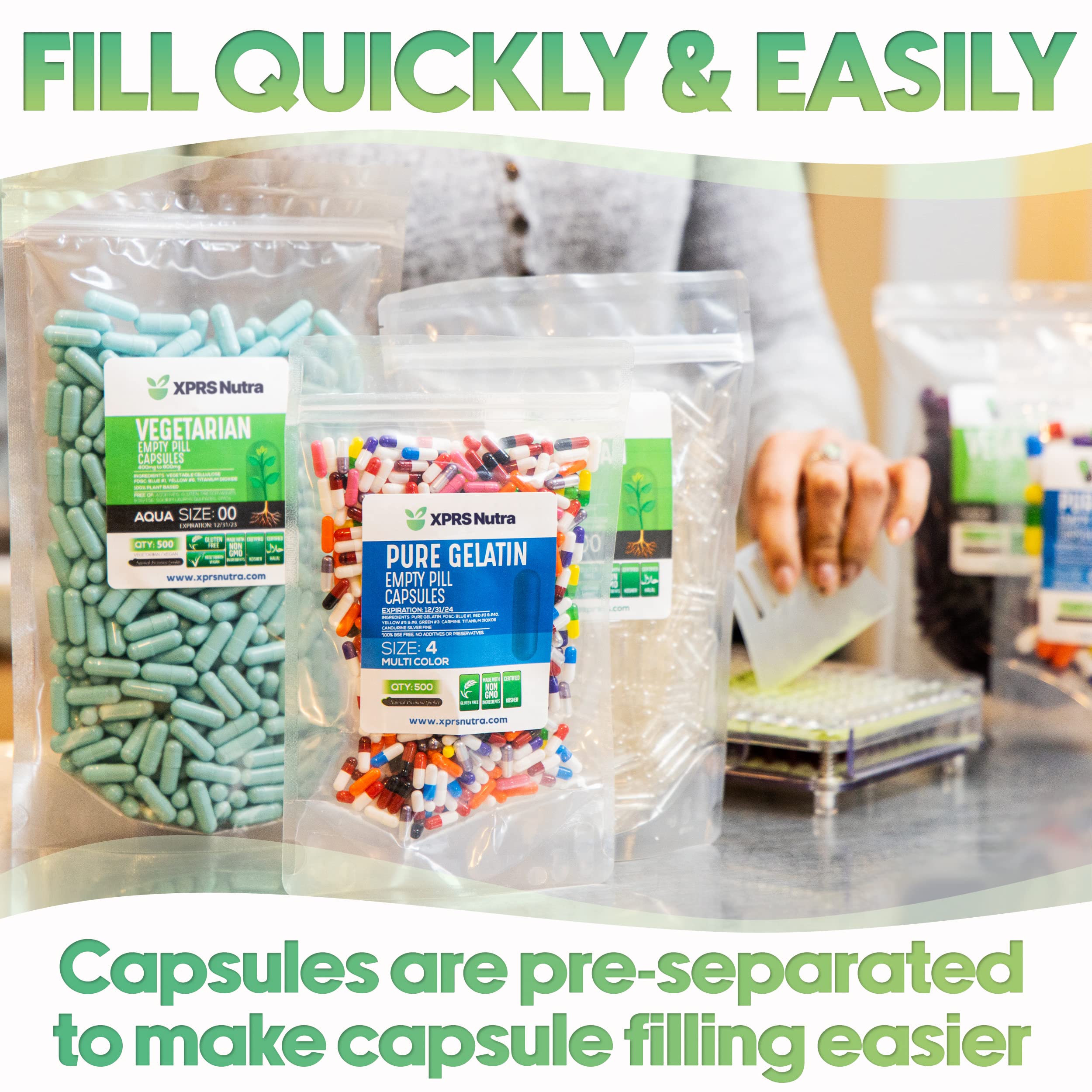 Pre-separated size 4 capsules in bags ready for filling machines