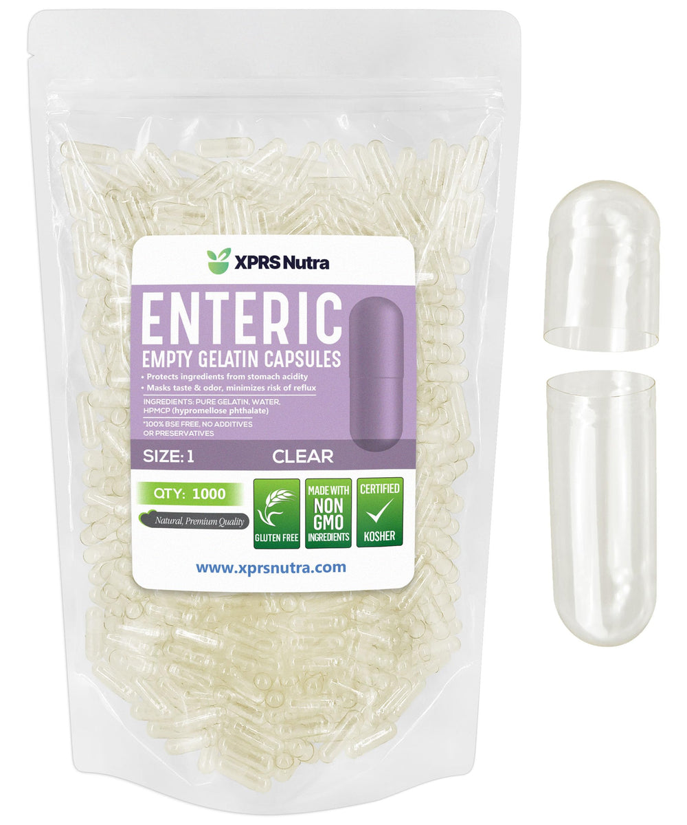 Clear enteric-coated size 1 gelatin capsules for DIY filling