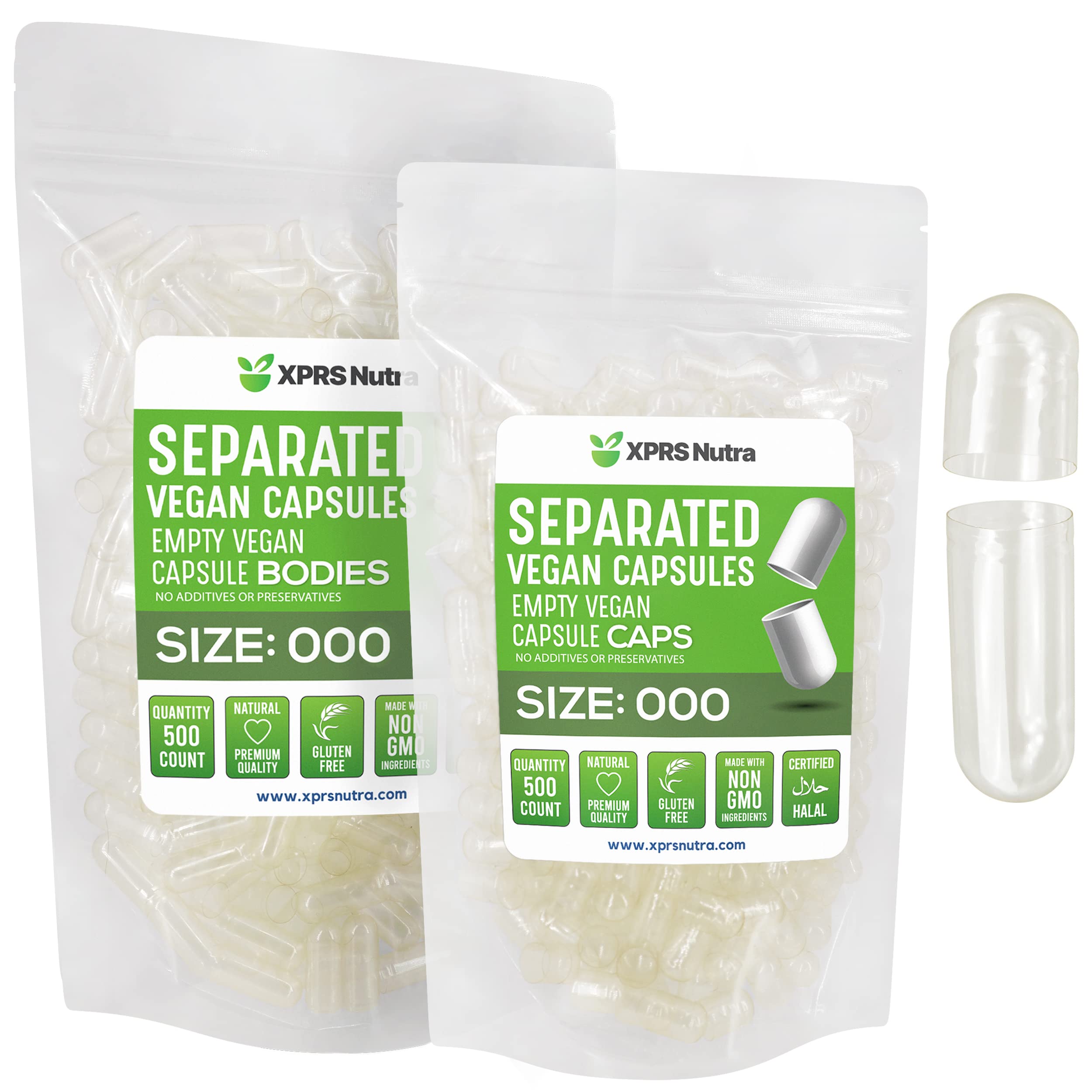 XPRS Nutra vegan size 000 separated capsules 500-count in clear bags