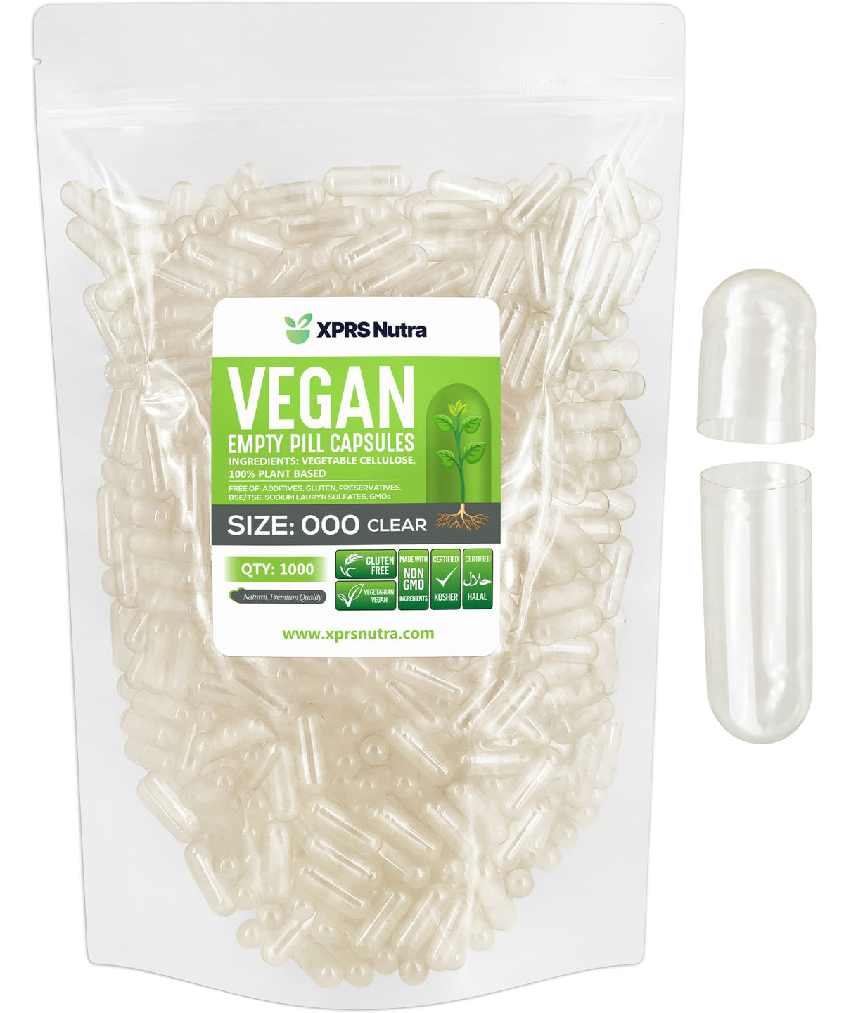 XPRS Nutra vegan size 000 empty capsules 1000 count, clear vegetarian capsules for DIY filling