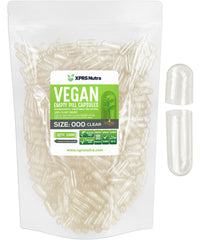 XPRS Nutra vegan size 000 clear capsules in pack shot showing transparent design for precise filling