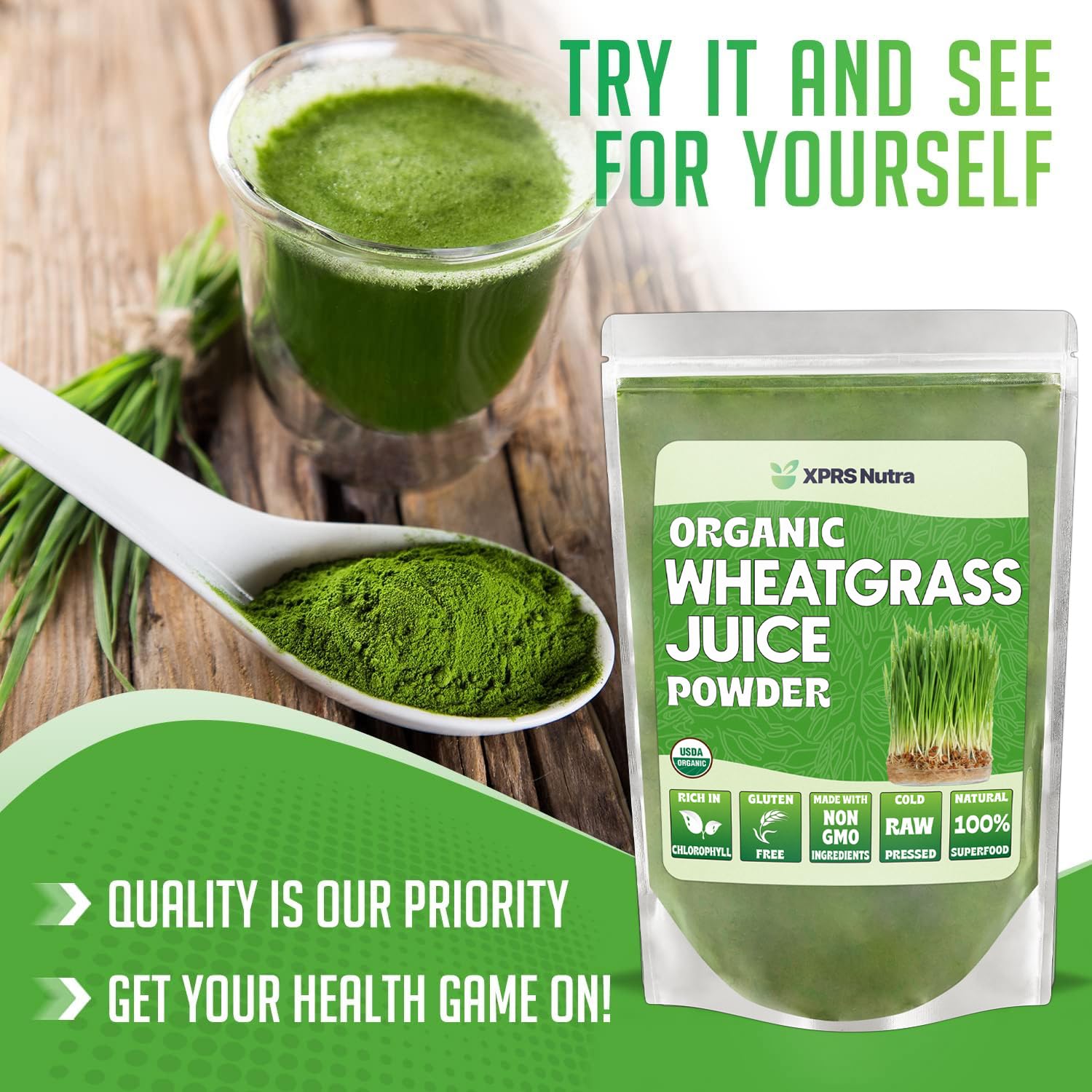 Wheatgrass juice powder dissolving in water
