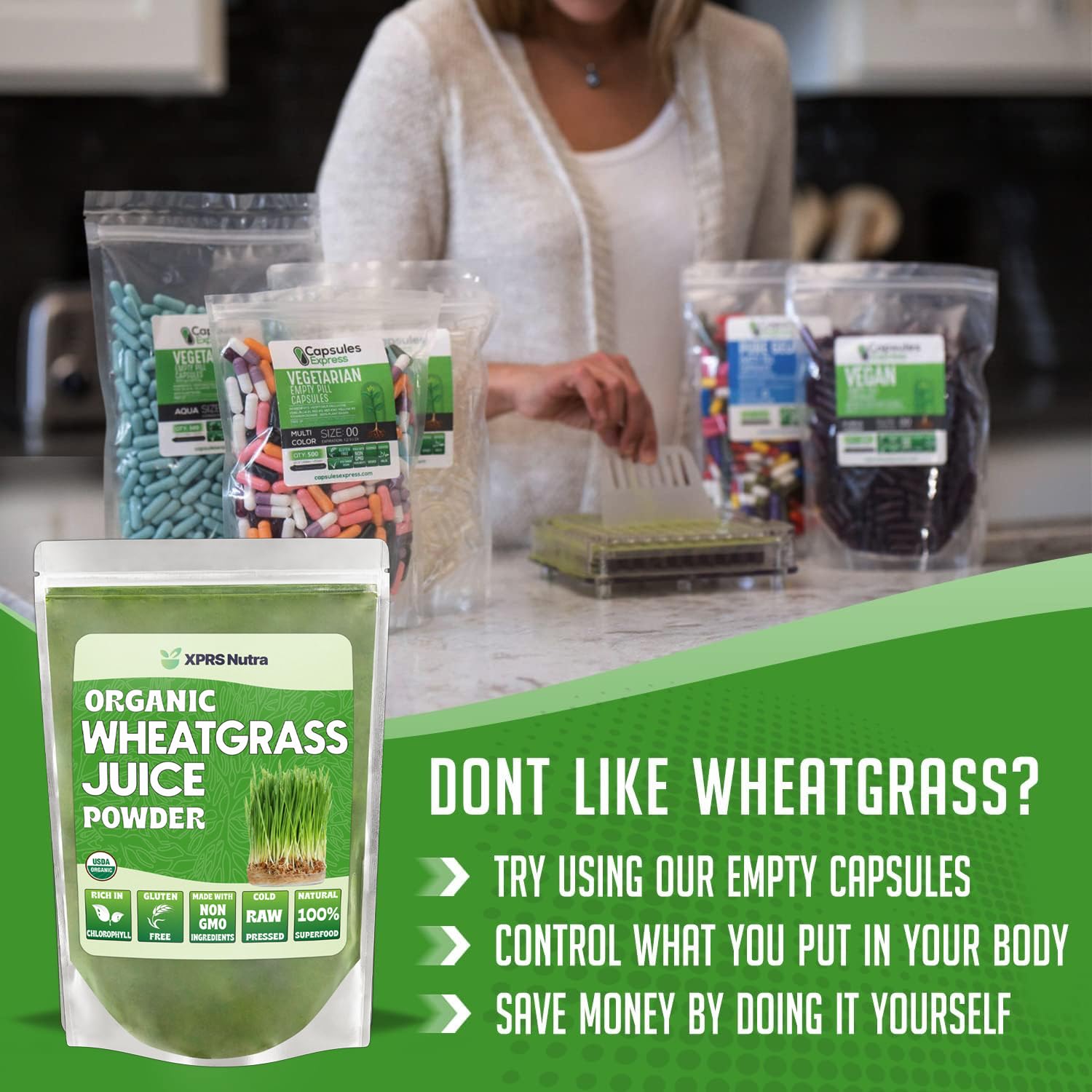 Packaging of XPRS Nutra Organic Wheatgrass Juice Powder