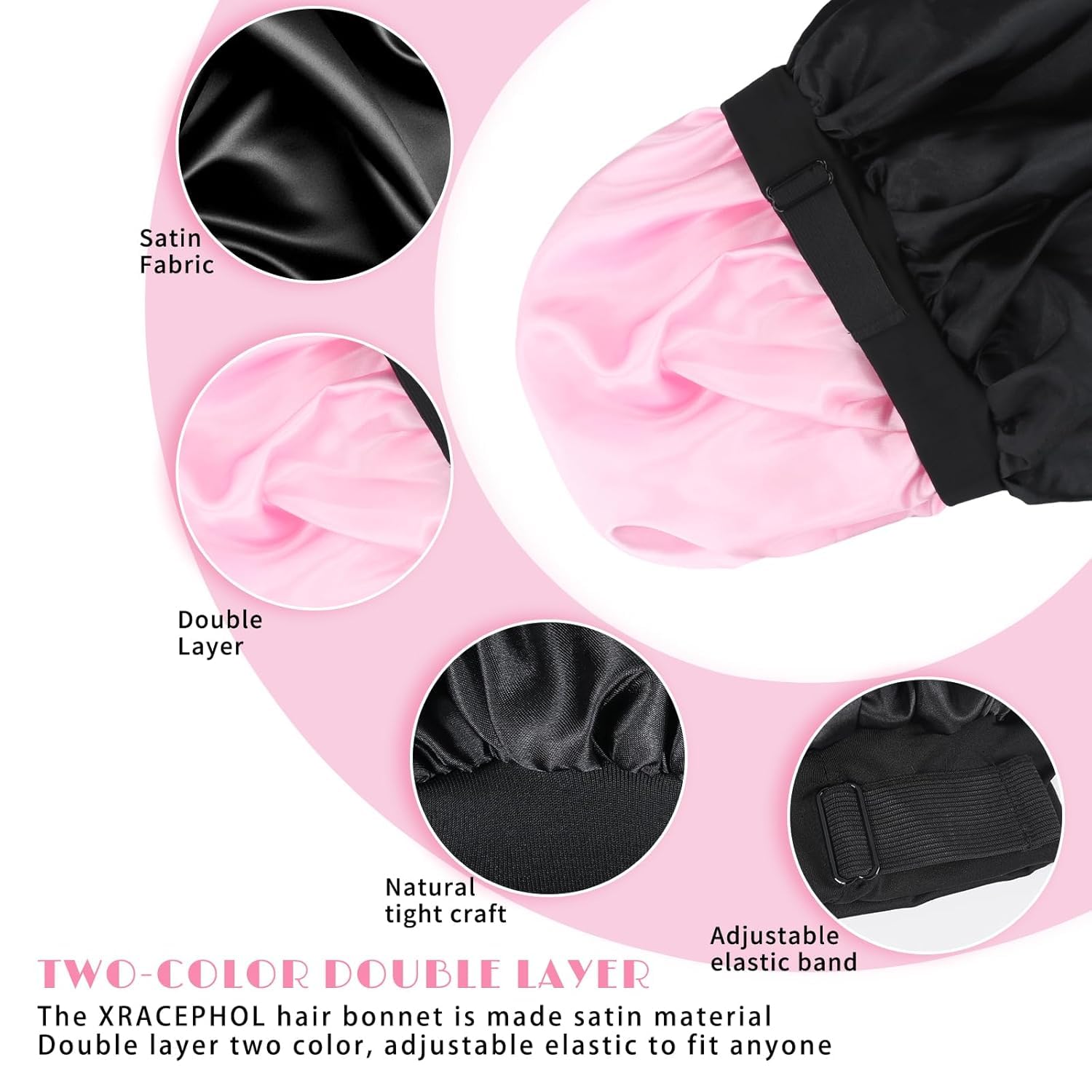 XRACEPHOL double-layer satin bonnet close-up highlights premium fabric and reversible color