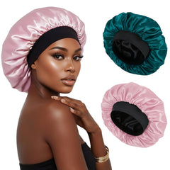 XRACEPHOL satin sleep bonnet in pink and teal protects hair overnight
