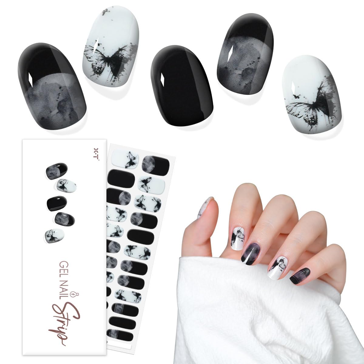 XT gel nail strips in black butterfly R09 for durable salon-like shine at home.