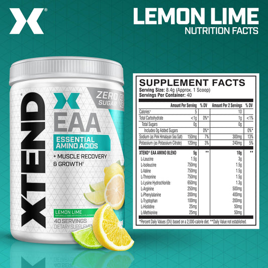 Back label of Xtend Scivation EAA + BCAA Powder Lemon Lime