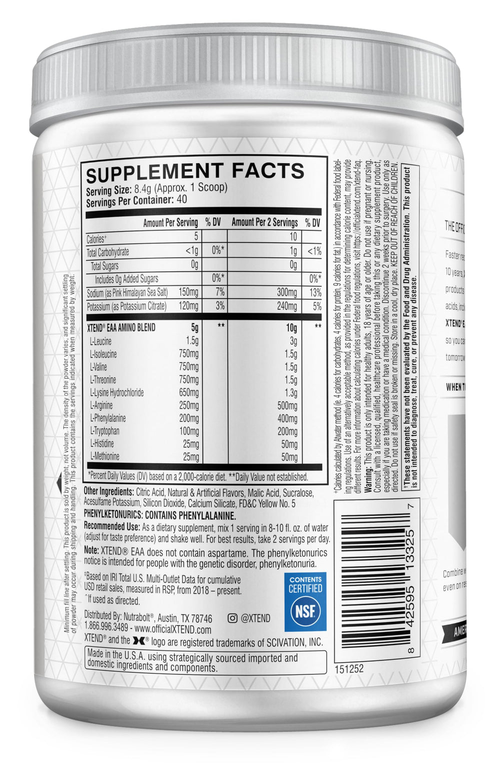 Nutrition facts for Xtend EAA + BCAA powder