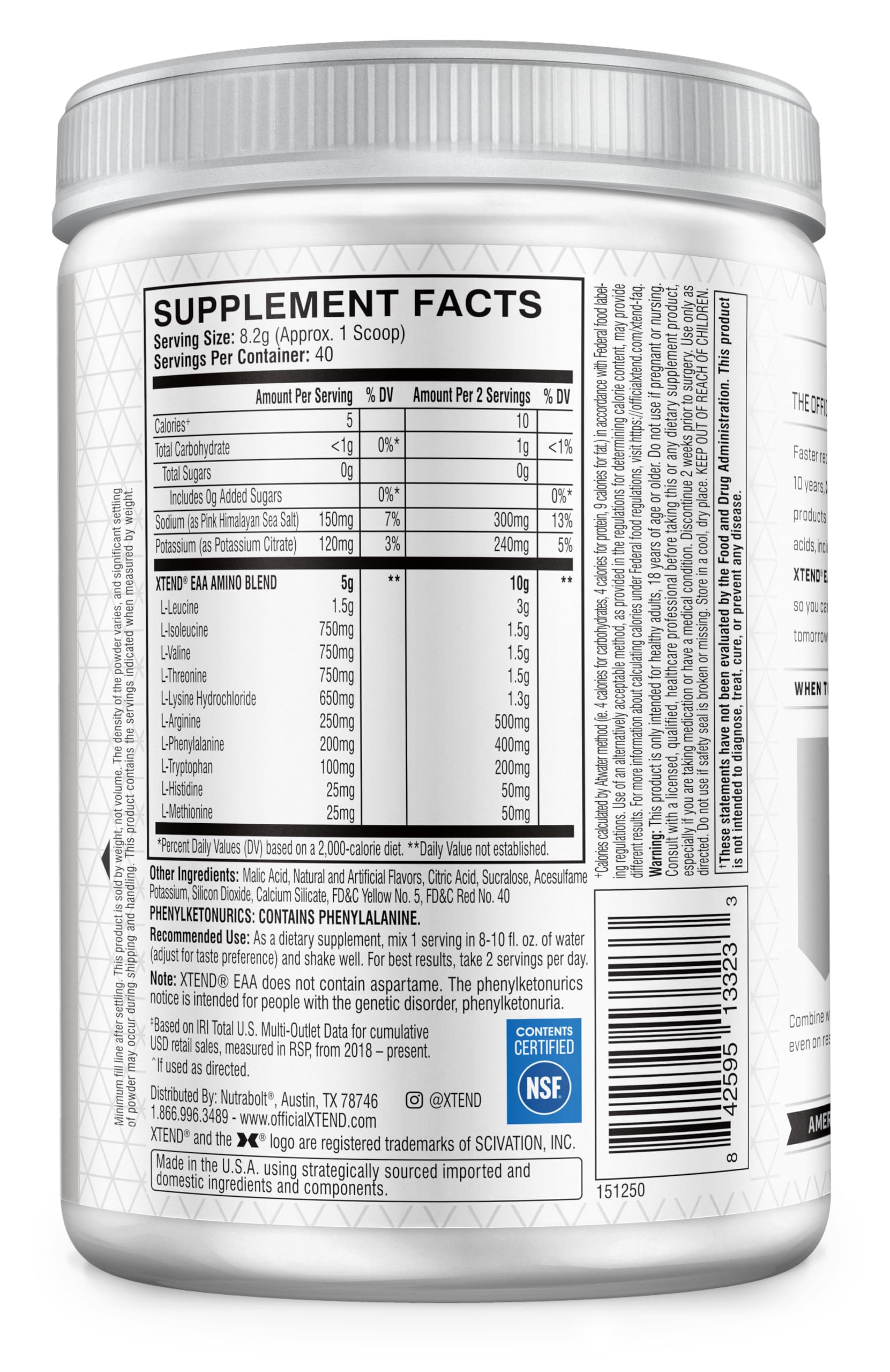 Xtend EAA + BCAA mango powder nutrition panel close-up