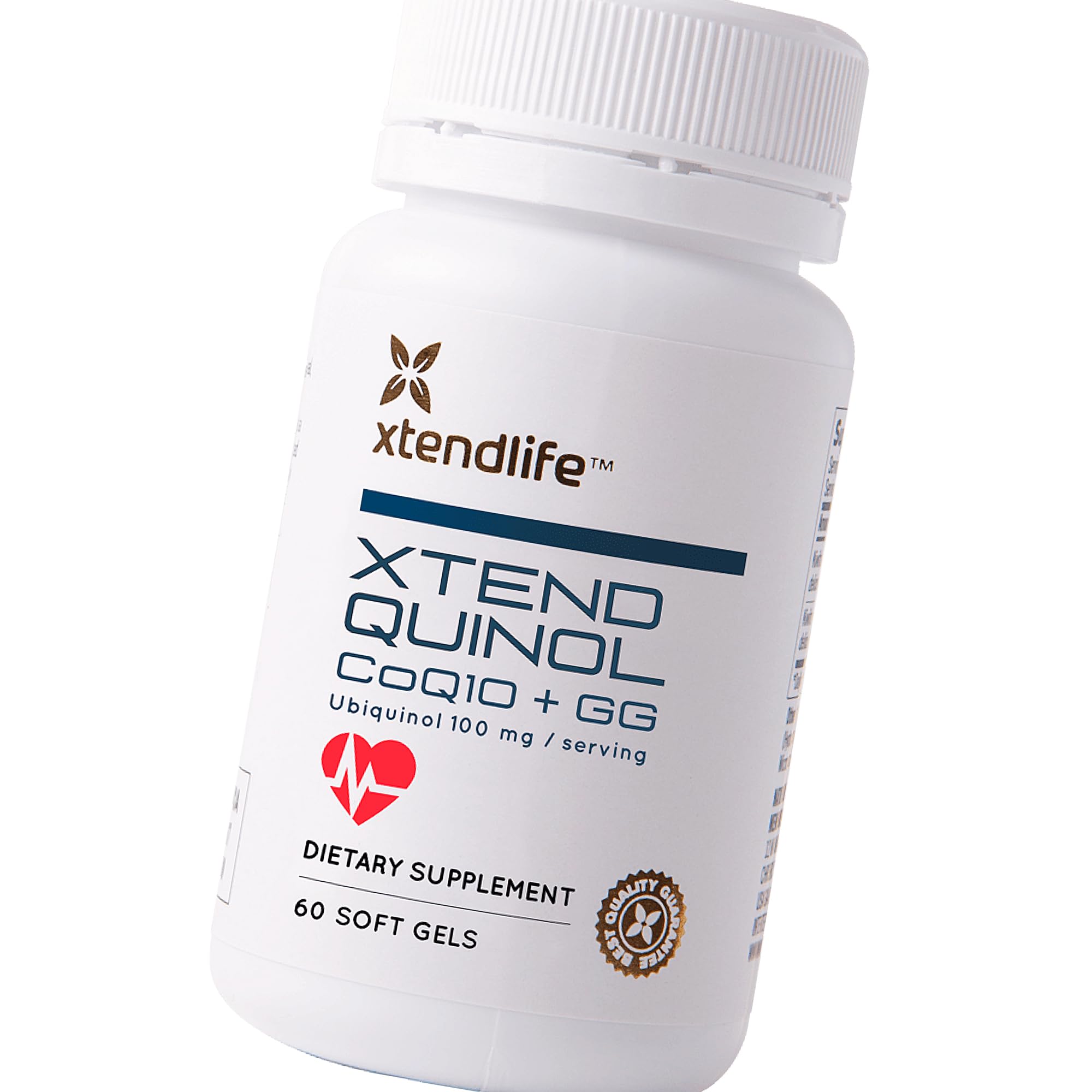 Close-up of label showing 100 mg ubiquinol and 50 mg GG