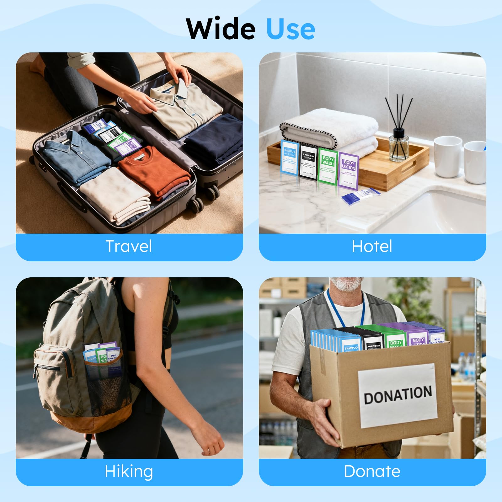 Xuezoioy travel-size toiletries pack for luggage and hospitality use.