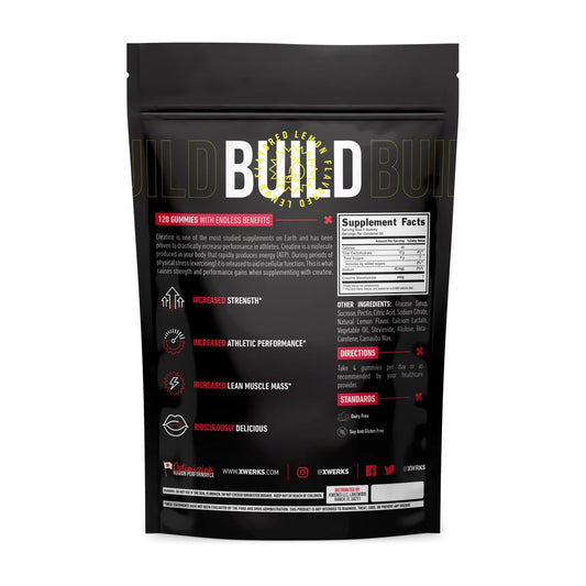 Back label of Xwerks Build Creatine Gummies lemon flavor