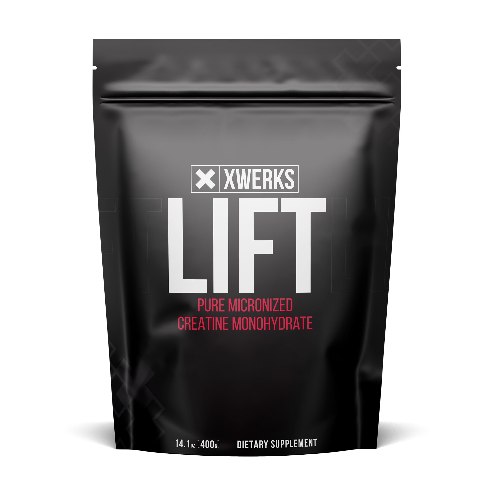 Xwerks Lift creatine powder bottle shown, micronized for fast uptake during workouts.