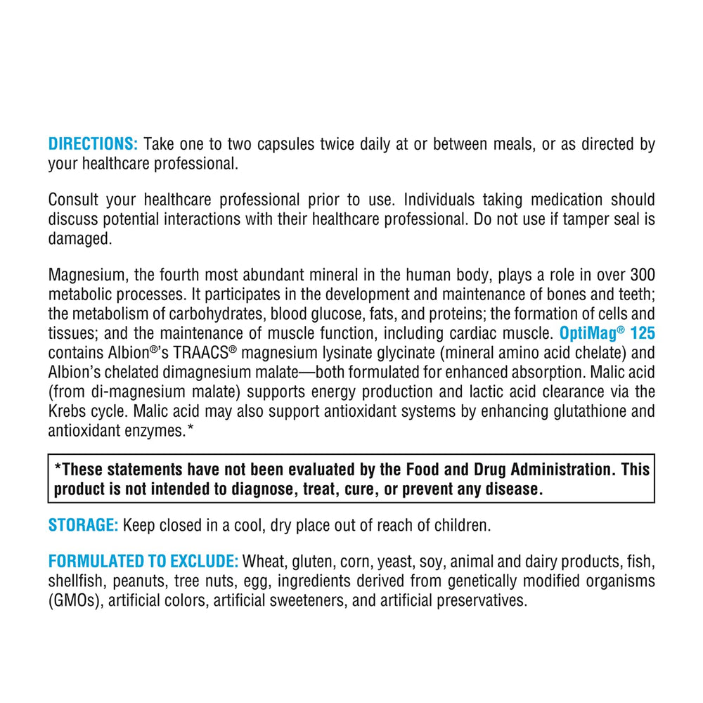 Nutrition facts label for OptiMag 125