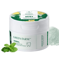 Xylitol tooth powder bottle showing plaque defense and gum care