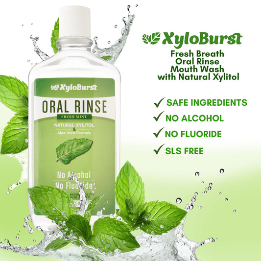 Xyloburst Oral Rinse bottle close-up showing label and ingredients