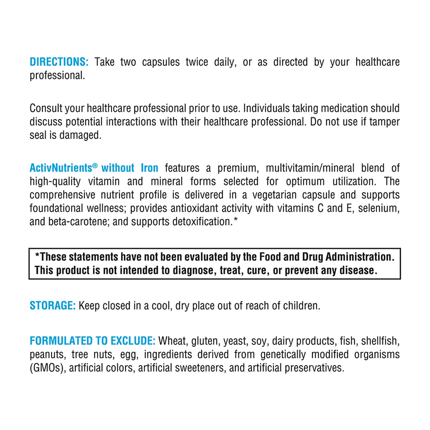 Ingredient panel highlighting chelated minerals and B vitamins