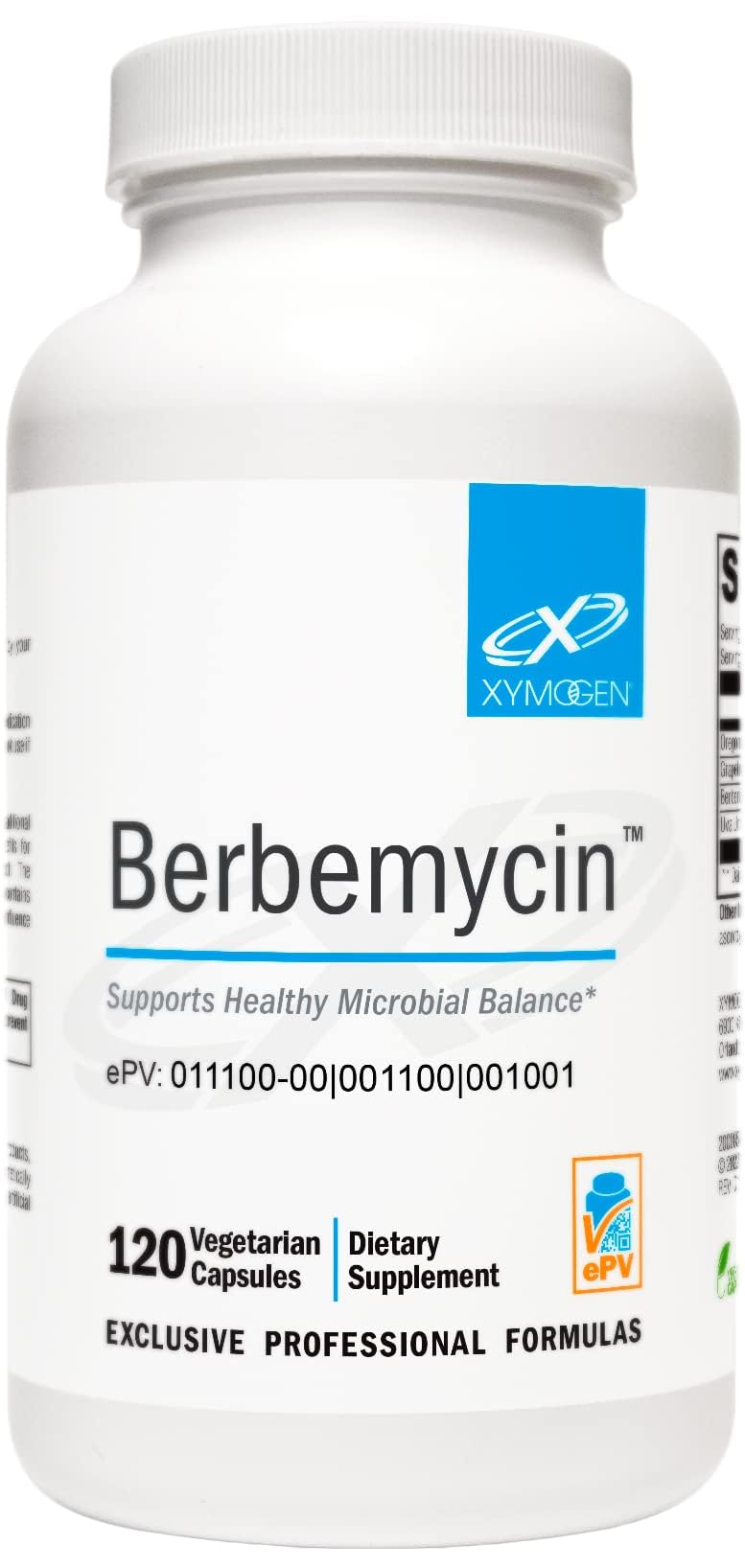 Front view of XYMOGEN Berbemycin bottle with 120 capsules