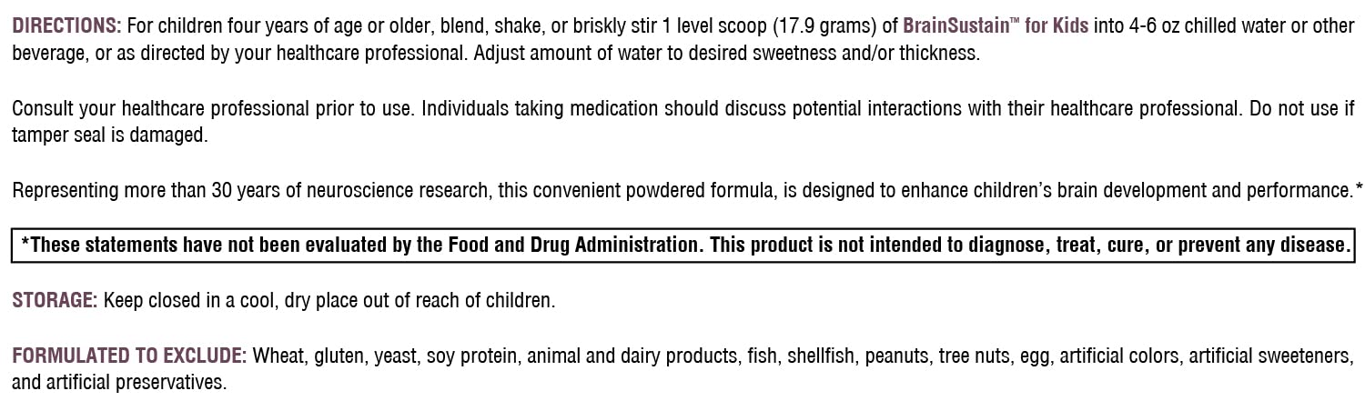9.47 oz BrainSustain for Kids bottle label