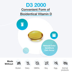 Open bottle of XYMOGEN D3 2000 softgels with capsules visible