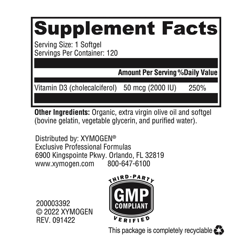 Stack of XYMOGEN D3 2000 softgels beside the bottle