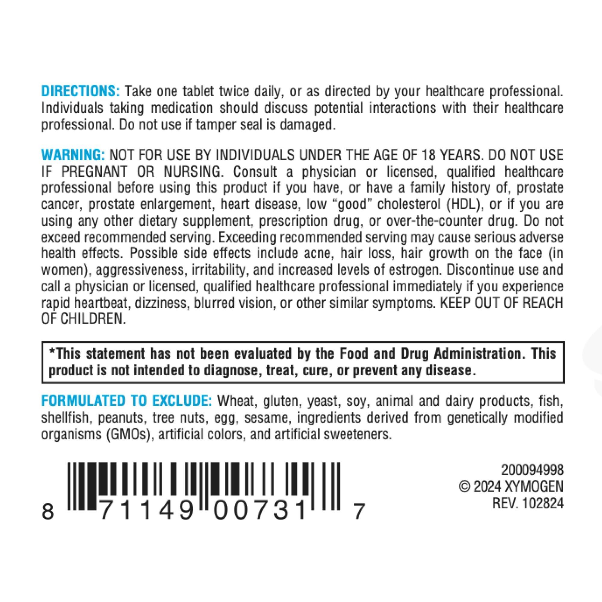 Allergen-free statement on XYMOGEN DHEA 25 mg packaging