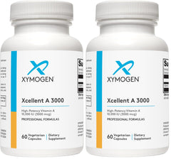 Front view of XYMOGEN Xcellent A 3000 IU vitamin A supplement pack of 2 with 60 capsules