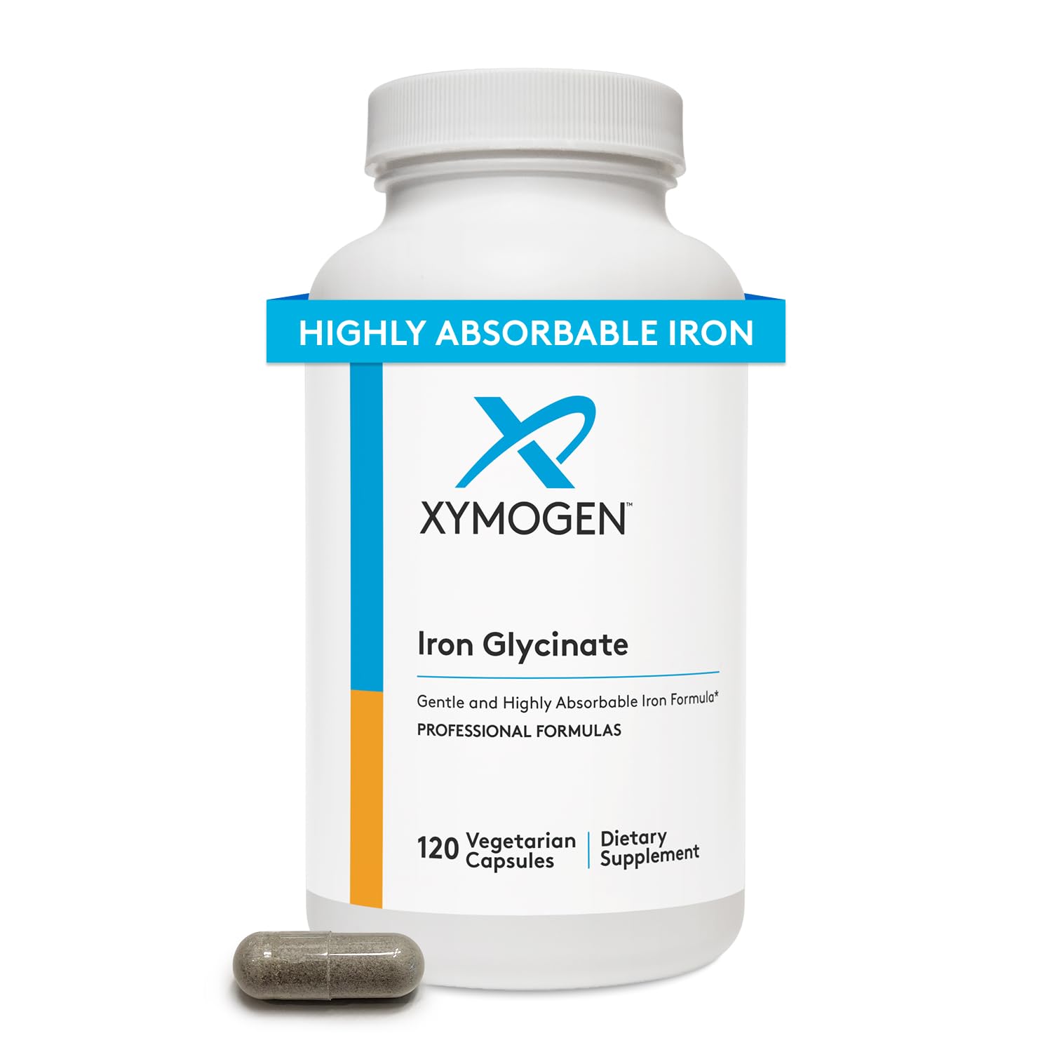 XYMOGEN Iron Glycinate supplement bottle with 120 capsules