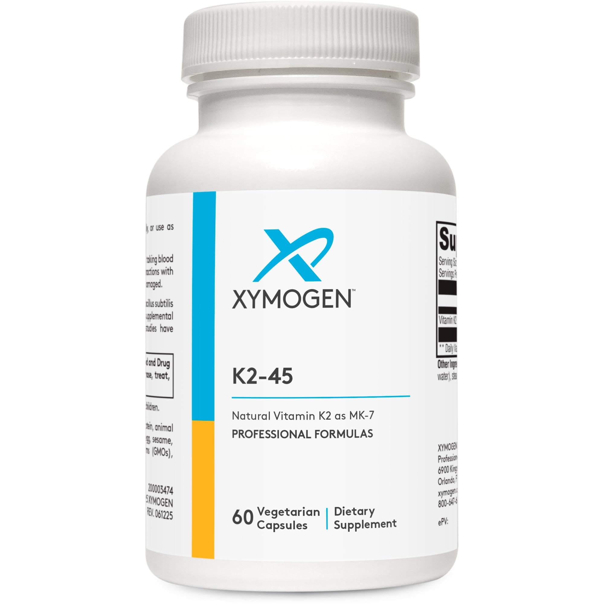 Bottle of XYMOGEN K2-45 Vitamin K2 capsules