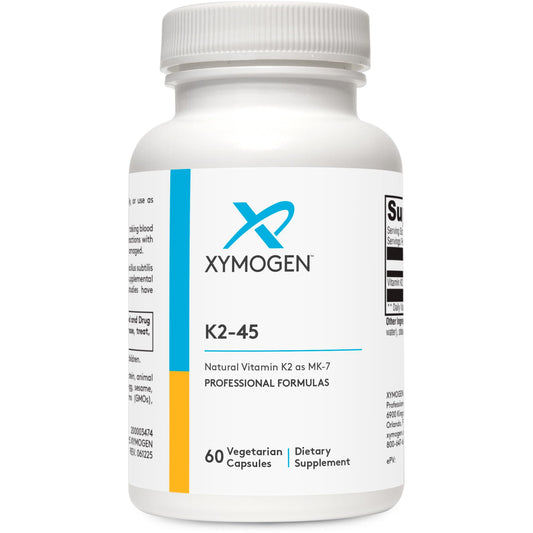 Bottle of XYMOGEN K2-45 Vitamin K2 capsules