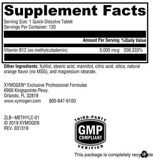 Back label with nutrition facts for XYMOGEN Methylcobalamin 5,000 mcg tablets