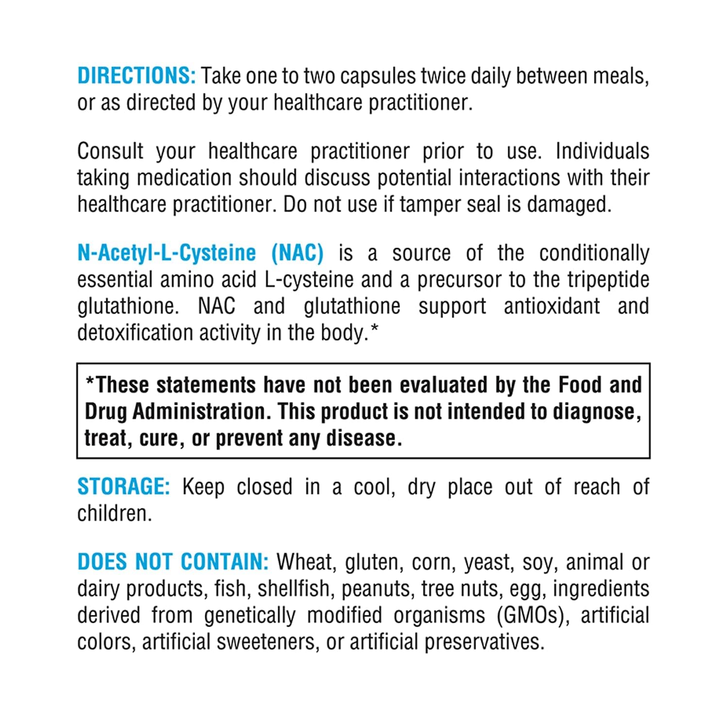 Allergen-free NAC capsules free of common allergens