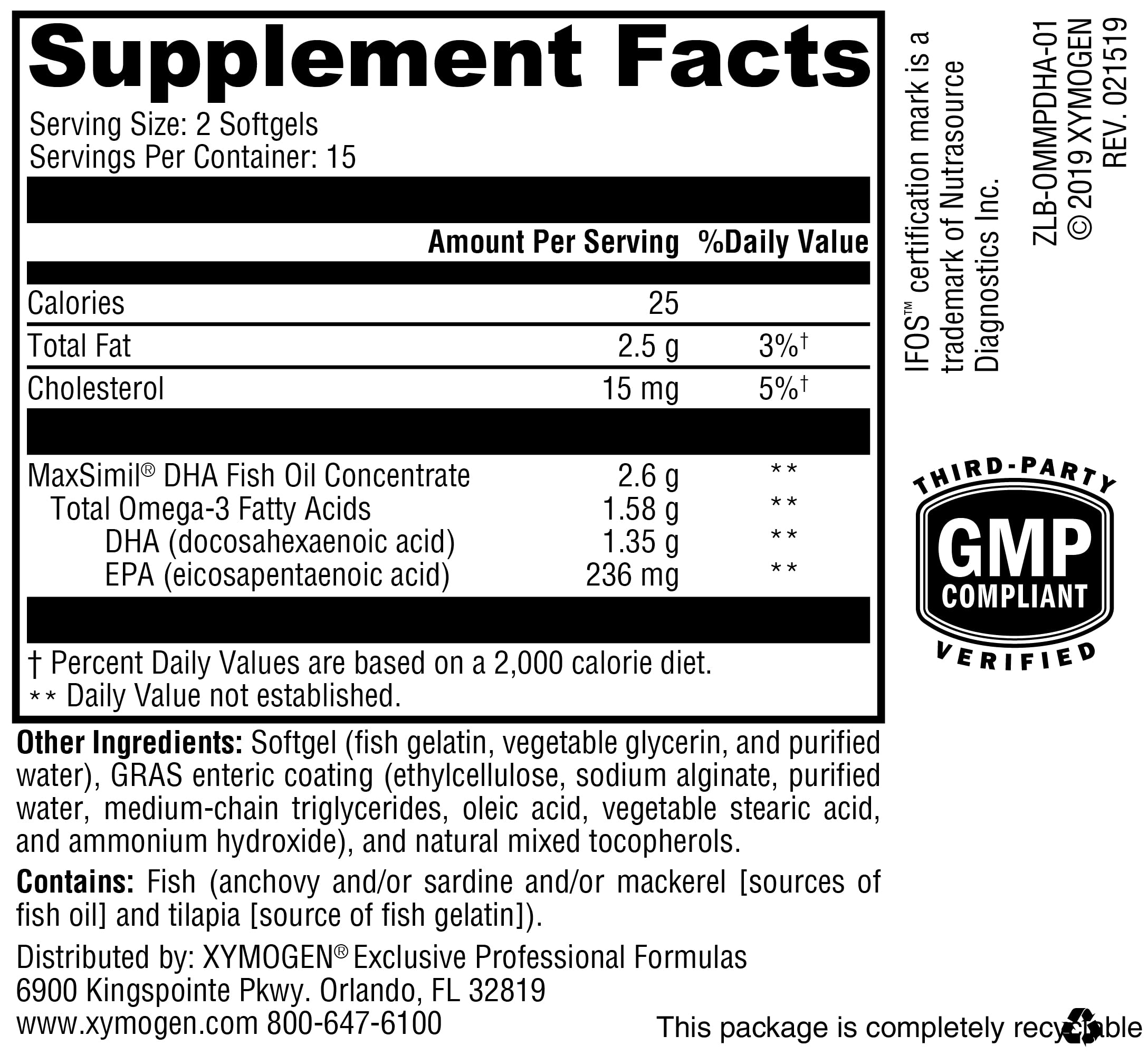 Softgel capsules of XYMOGEN Omega MonoPure DHA EC