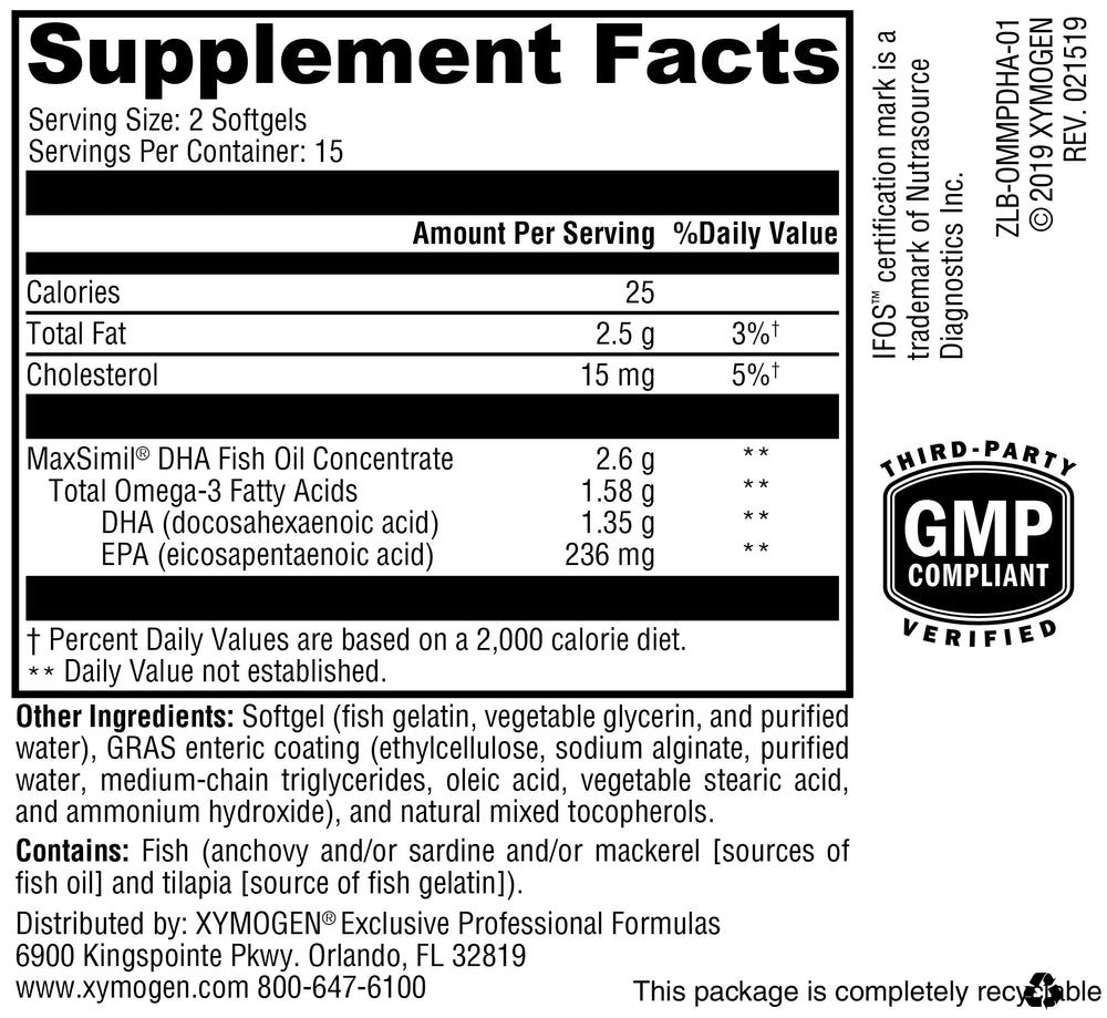 Softgel capsules of XYMOGEN Omega MonoPure DHA EC