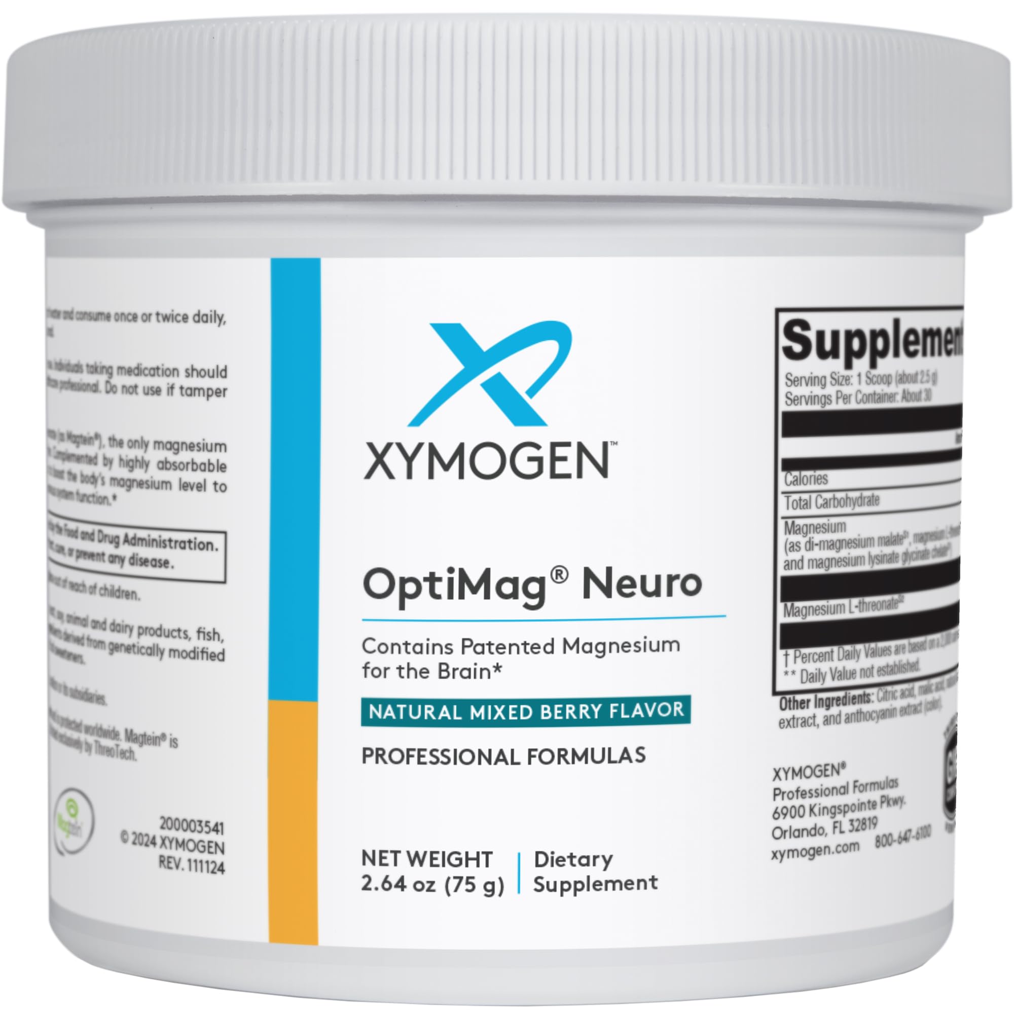 Label on XYMOGEN OptiMag Neuro mixed-berry powder tub