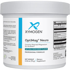 Label on XYMOGEN OptiMag Neuro mixed-berry powder tub