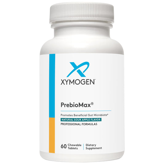 Front of XYMOGEN PrebioMax Sour Apple Prebiotic Fiber Supplement bottle with 60 chewable tablets