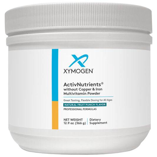 Front label of XYMOGEN ActivNutrients Copper & Iron Free Fruit Punch 12.9 oz