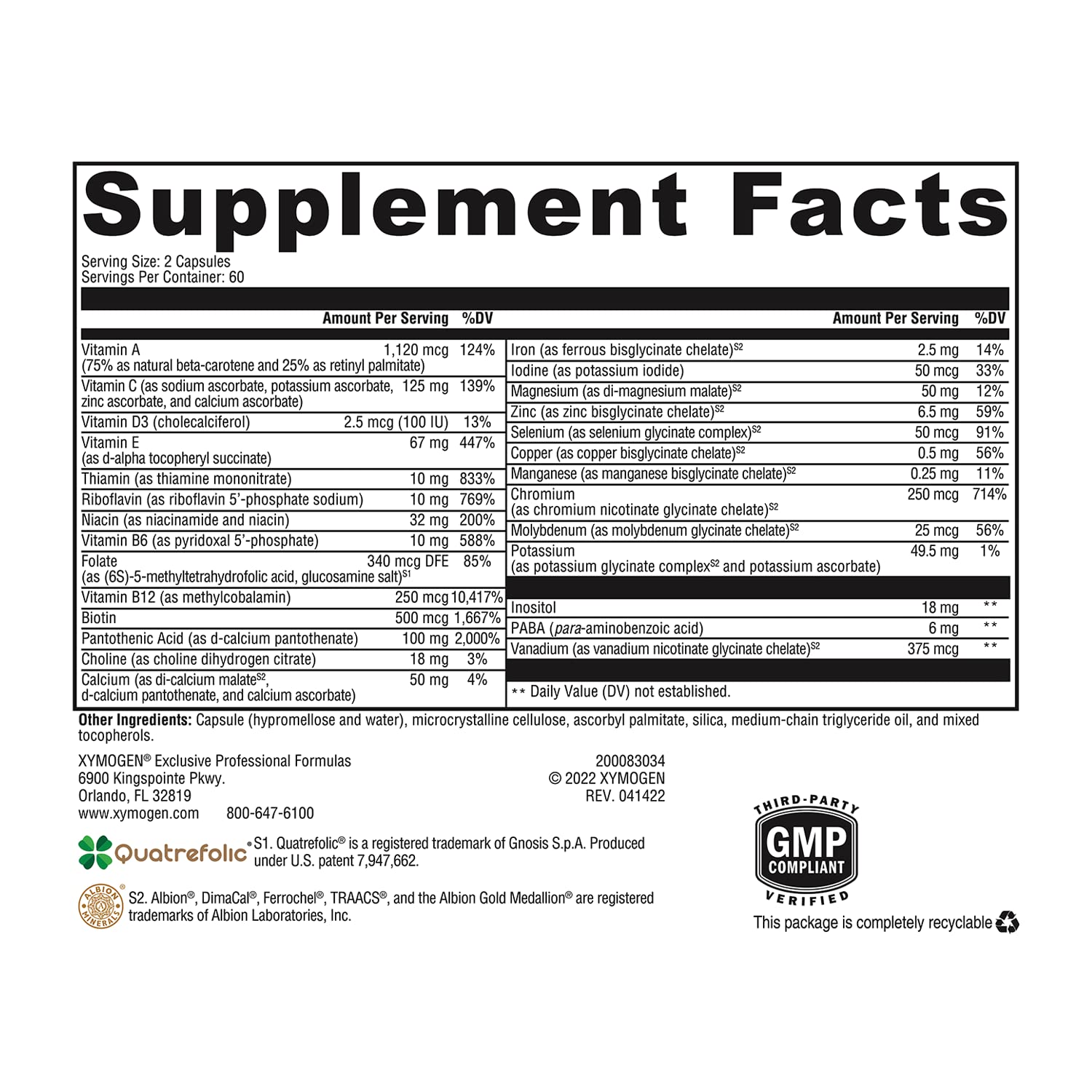 Nutrition facts panel of XYMOGEN ActivNutrients highlights iron and copper.