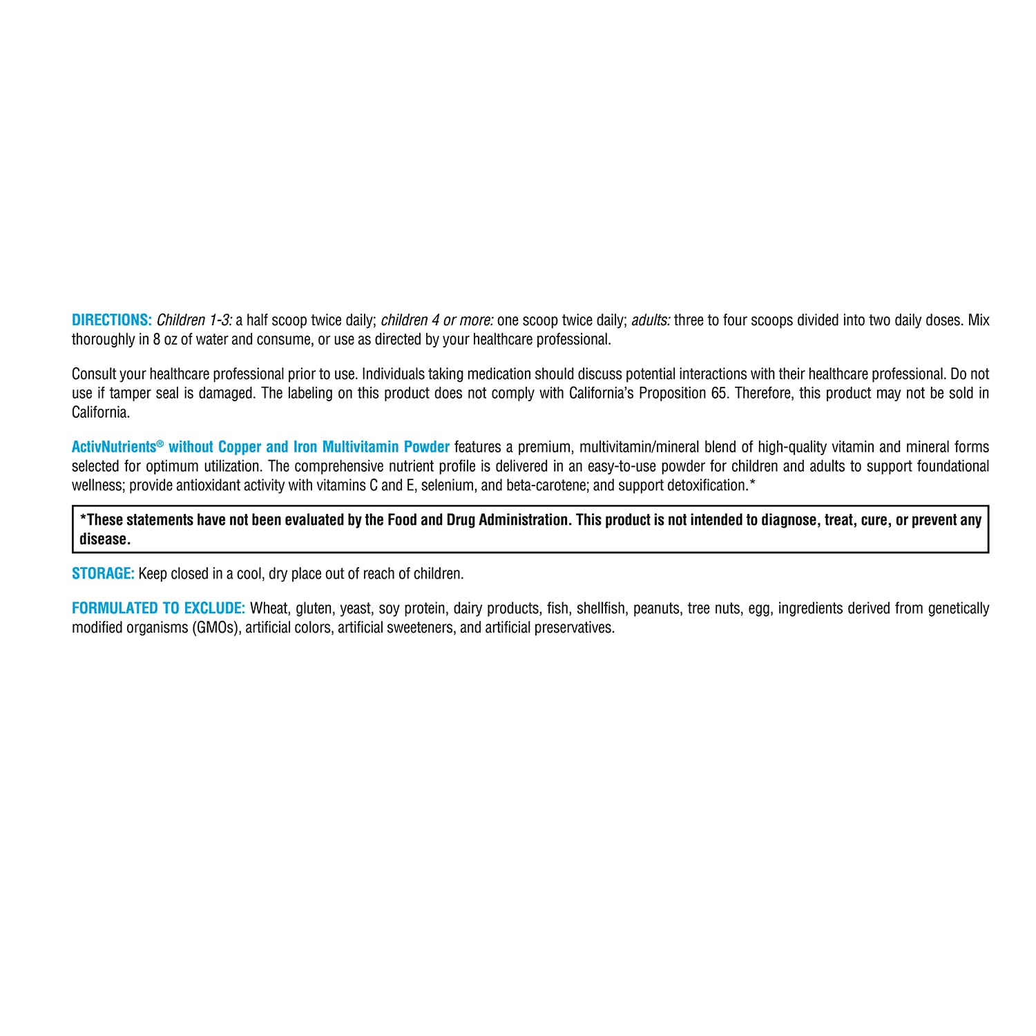 Nutrition facts for XYMOGEN ActivNutrients multivitamin powder Fruit Punch