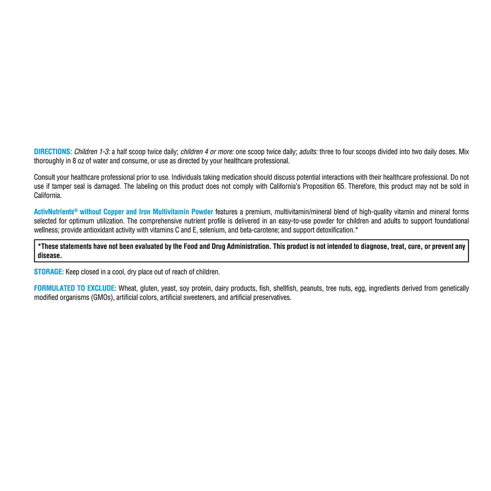 Nutrition facts for XYMOGEN ActivNutrients multivitamin powder Fruit Punch